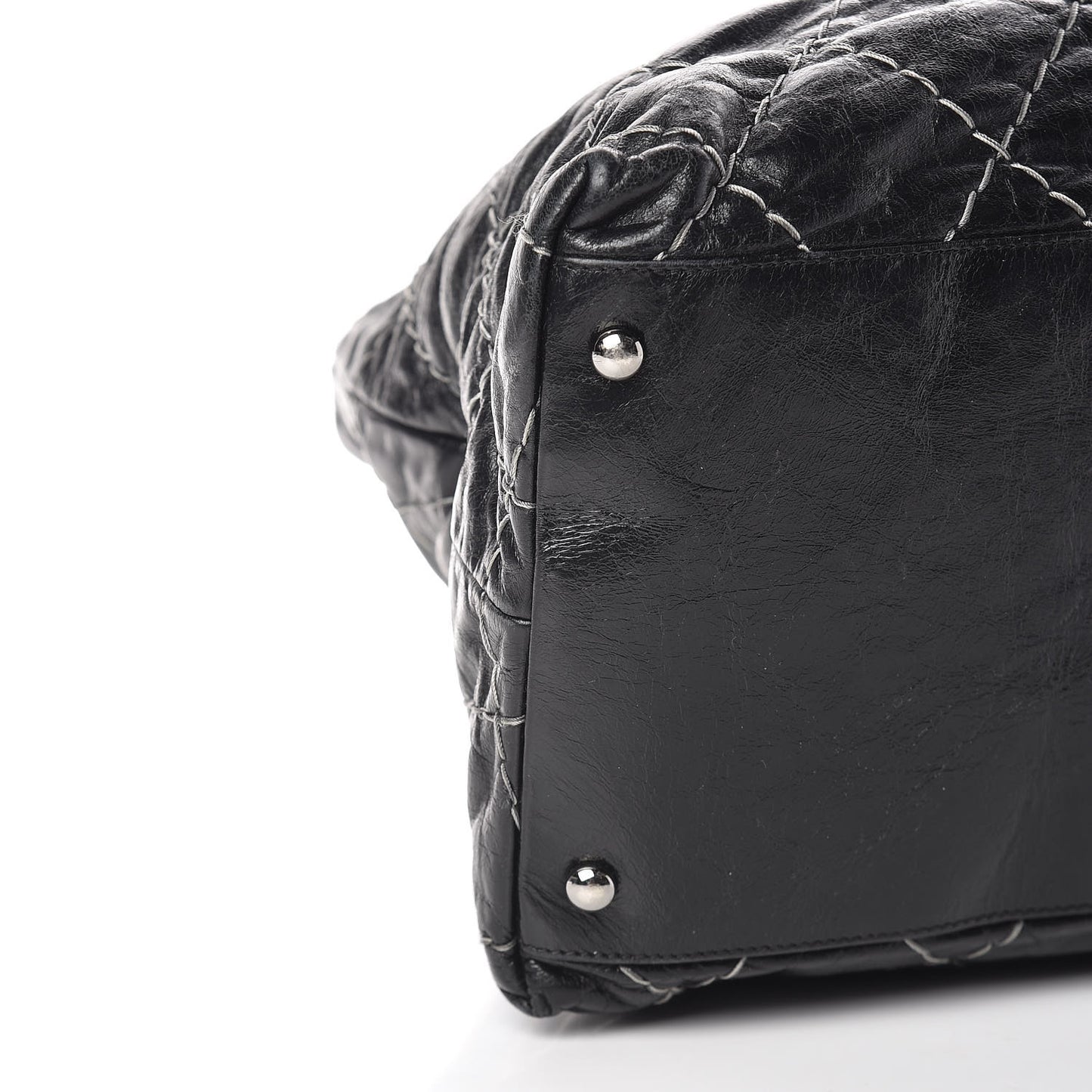 Glazed Goatskin Double Contrast Stitch Tote Black