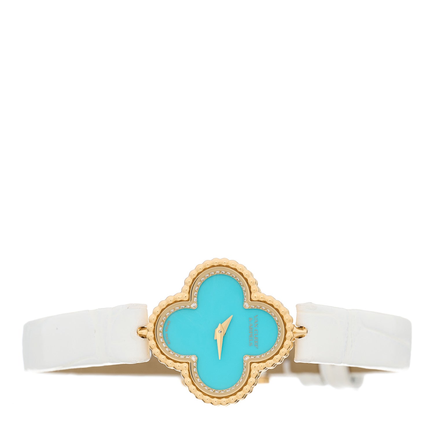 Van Cleef & Arpels 18K Yellow Gold Alligator Diamond Turquoise 22mm Sweet Alhambra Quartz Watch 4 of 8