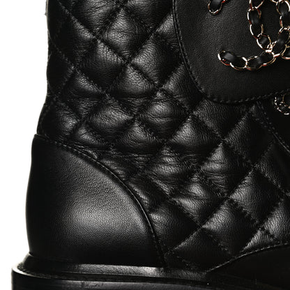 Chanel Shiny Lambskin Quilted Lace Up Combat Boots 38.5 Black 12 of 14