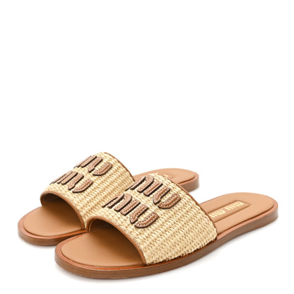 Miu Miu Stuoia Raffia Calfskin Logo Sandals 36 Naturale 4 of 9