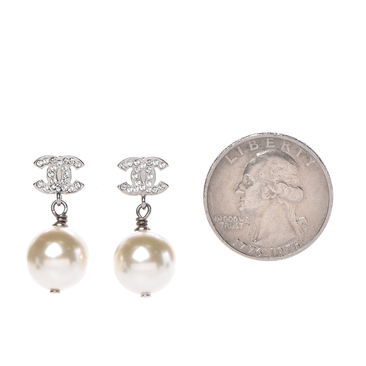 Chanel Crystal Pearl CC Drop Earrings Silver 2 of 4