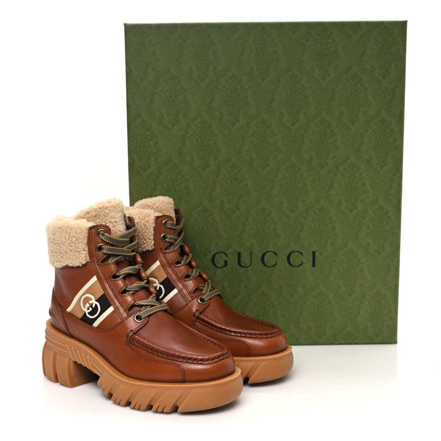 Quebec Wool Calfskin Web Womens Interlocking G Lace Up Combat Boots 37 Cuir Mystic White Ebony Beige