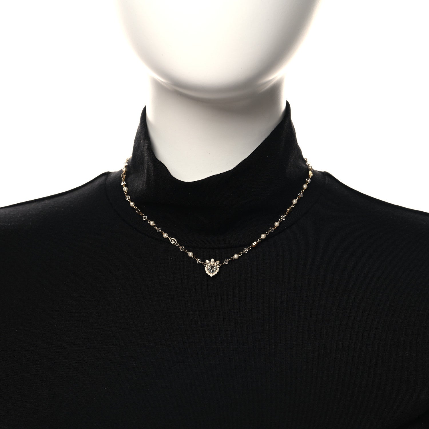 Gucci Metal Crystal Pearl Heart Necklace Gold 2 of 4