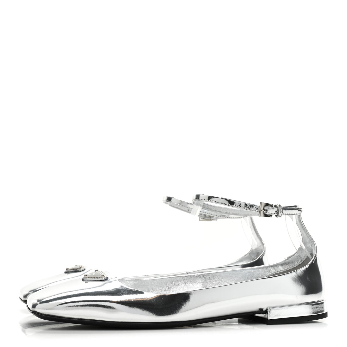 Metallic Calfskin Metal Triangle Logo Ankle Strap Ballerinas 36.5 Silver