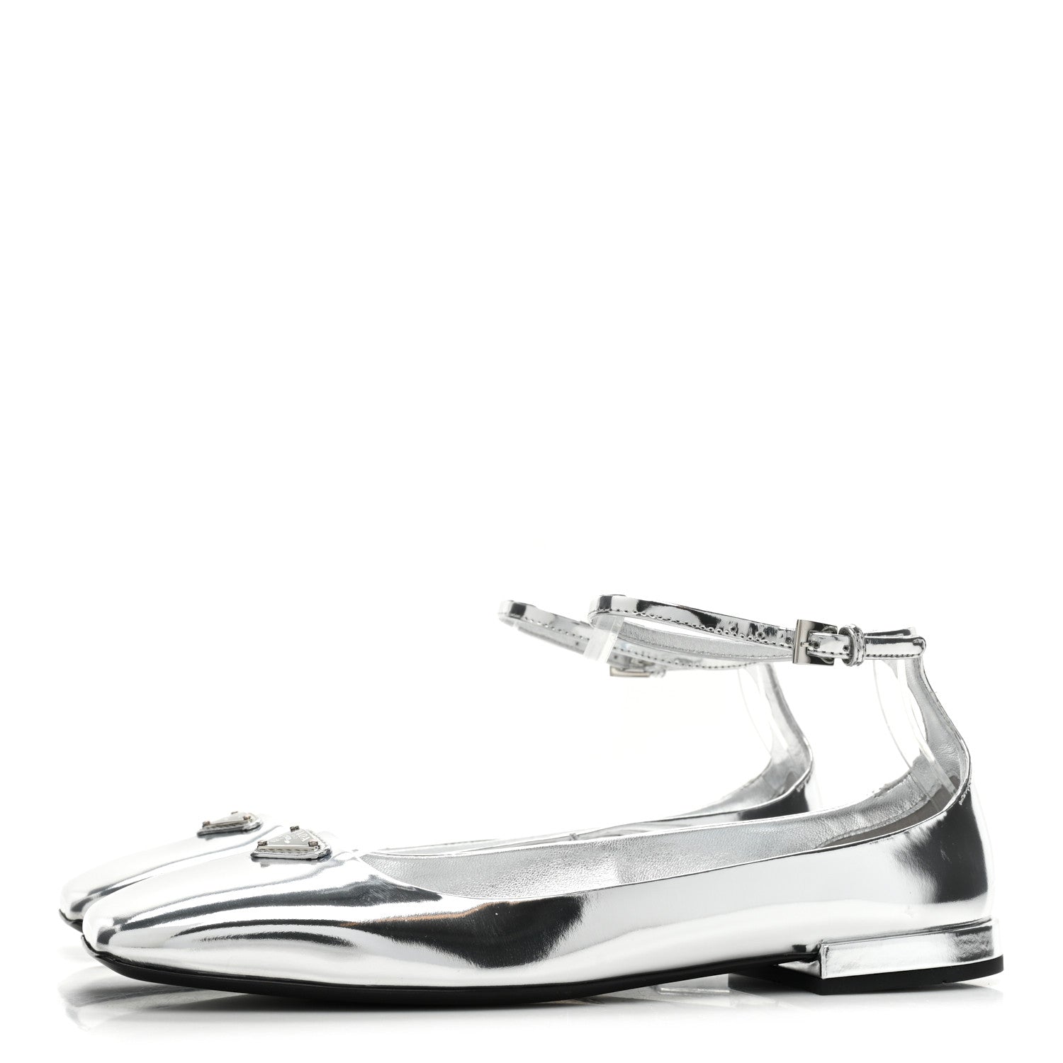 Prada Metallic Calfskin Metal Triangle Logo Ankle Strap Ballerinas 36.5 Silver 3 of 10