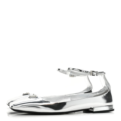 Prada Metallic Calfskin Metal Triangle Logo Ankle Strap Ballerinas 36.5 Silver 3 of 10