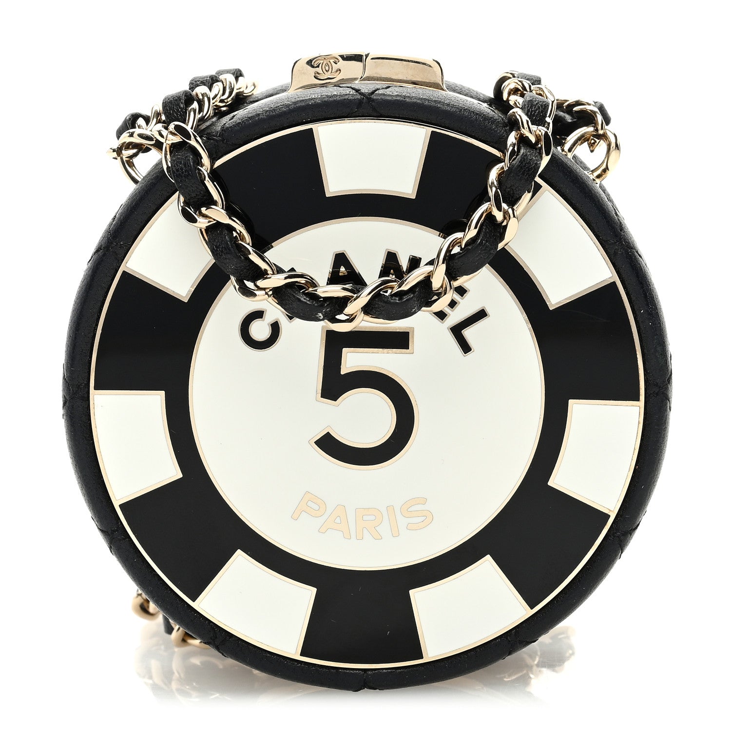 Chanel Lambskin Enamel Quilted Round Poker Chip Clutch With Chain Black White 1 of 11