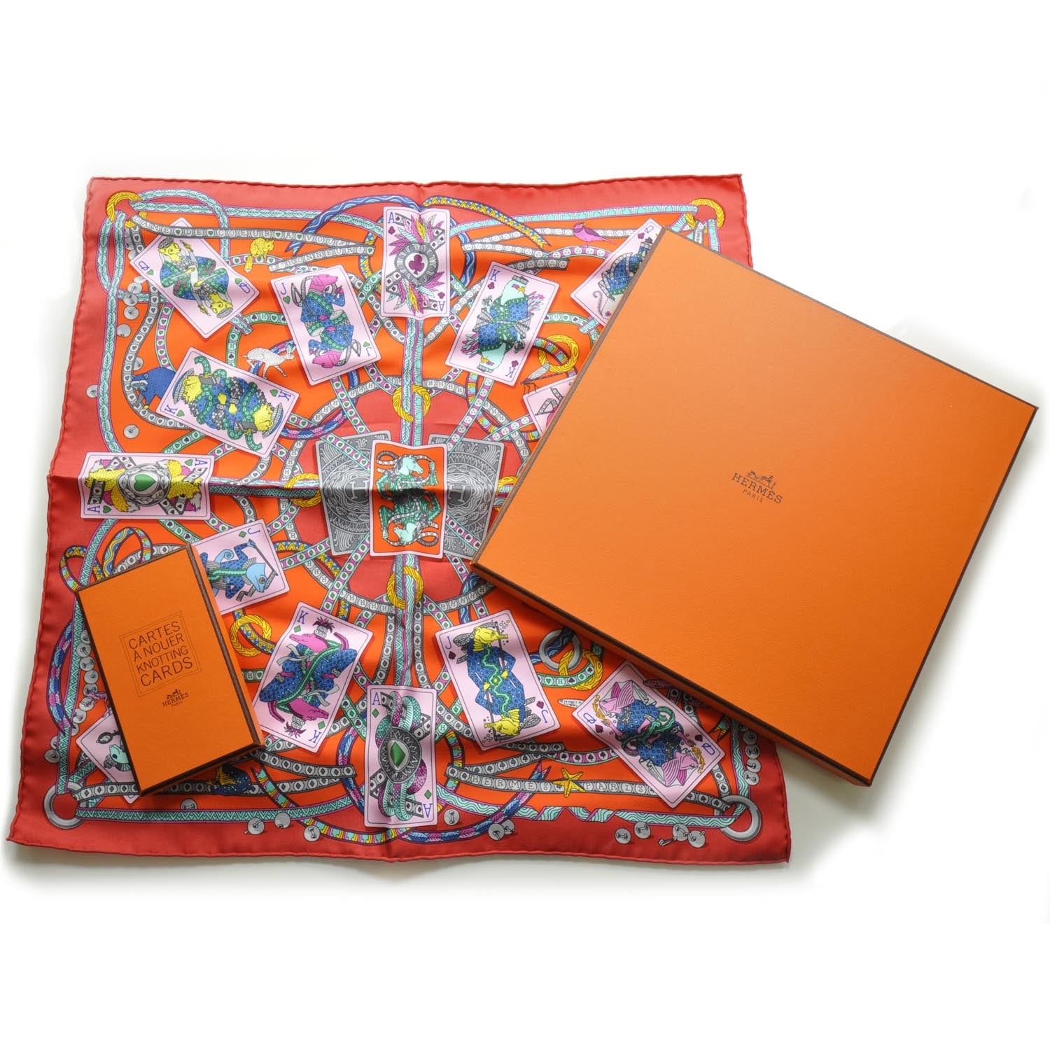 Hermes Silk Twill Dame de Coeur Pocket Square Scarf w Cartes A Nouer Knotting Cards 2 of 6