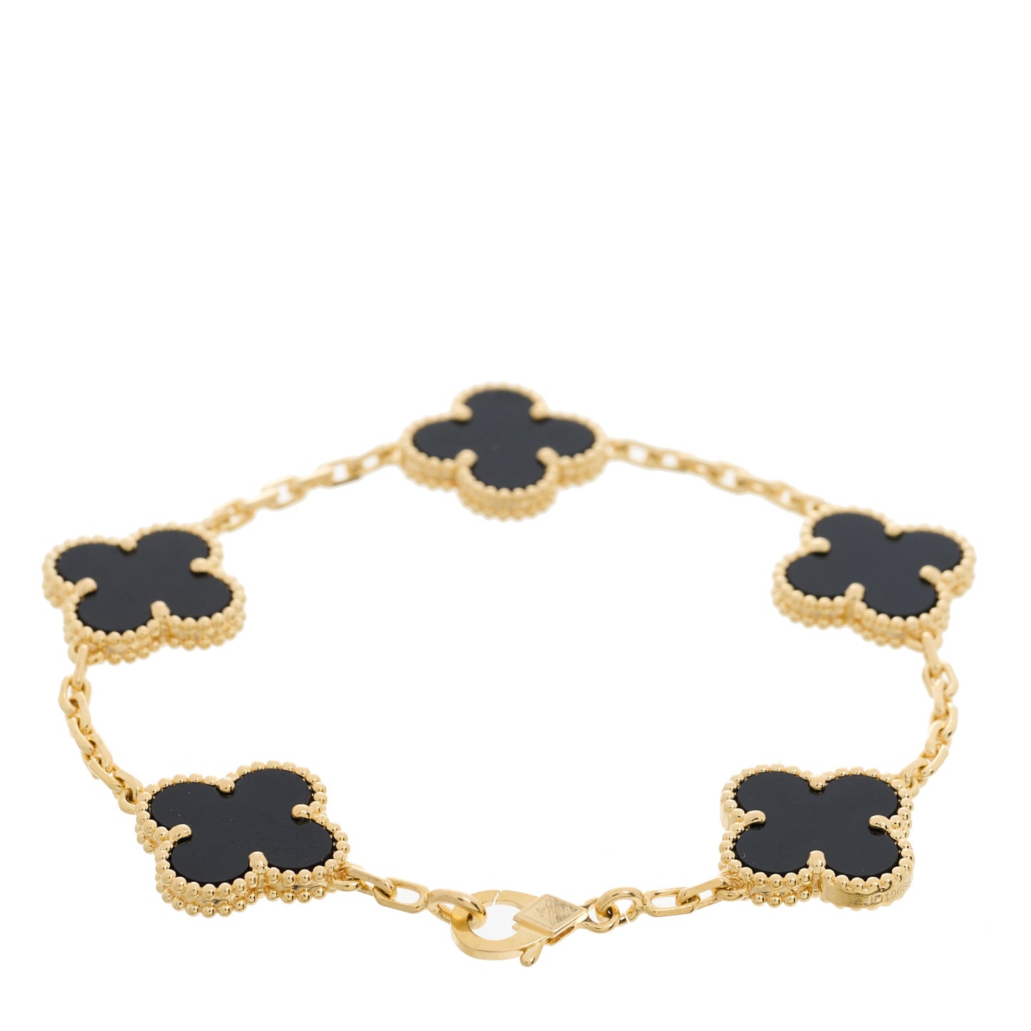 18K Yellow Gold Black Onyx 5 Motifs Vintage Alhambra Bracelet