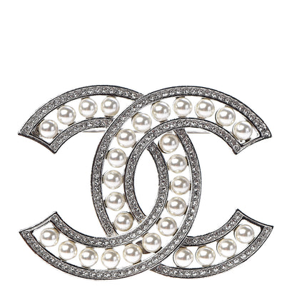 Chanel Pearl Crystal CC Brooch Silver 1 of 5