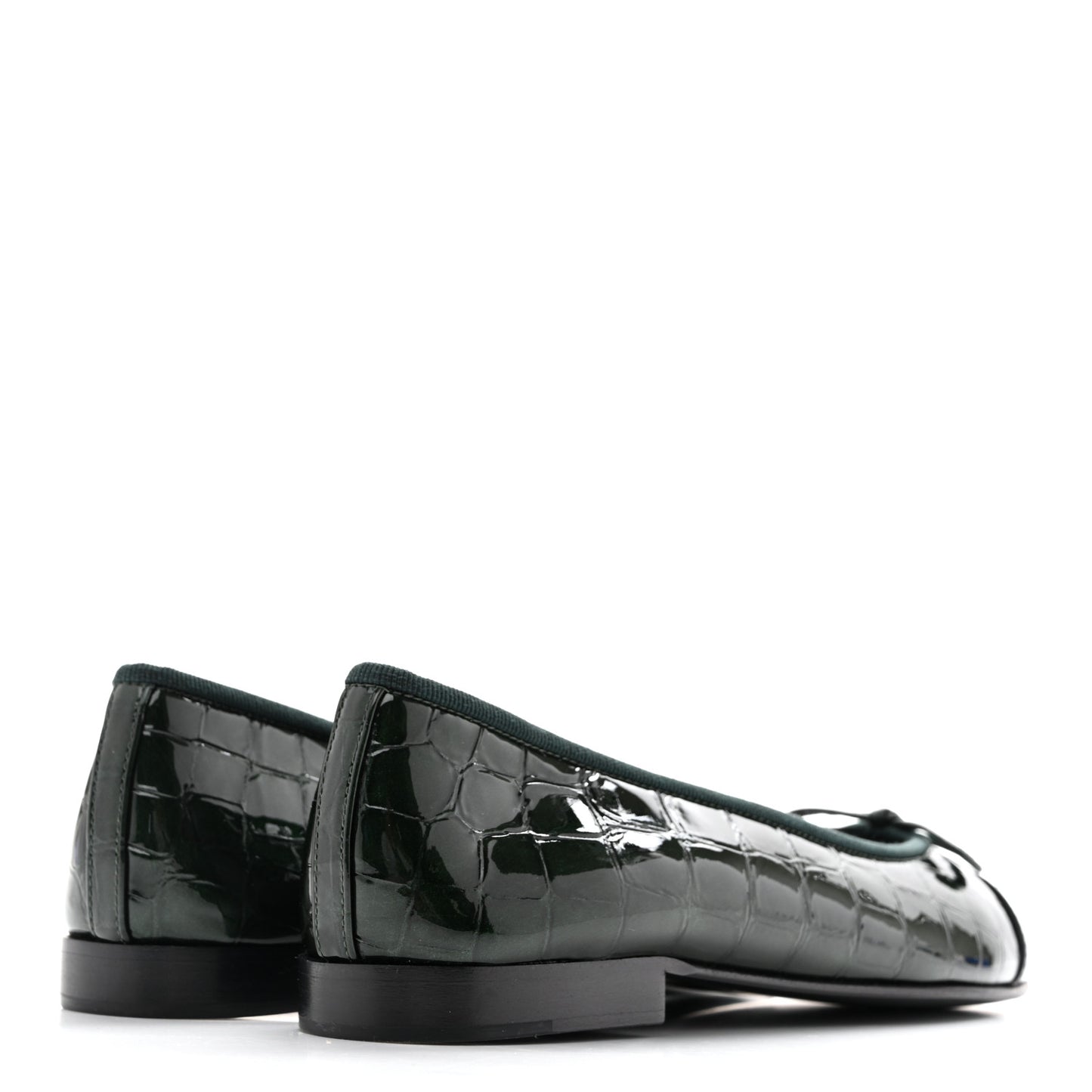 Crocodile Embossed Patent Calfskin Cap Toe CC Ballerina Flats 35.5 Dark Green Black