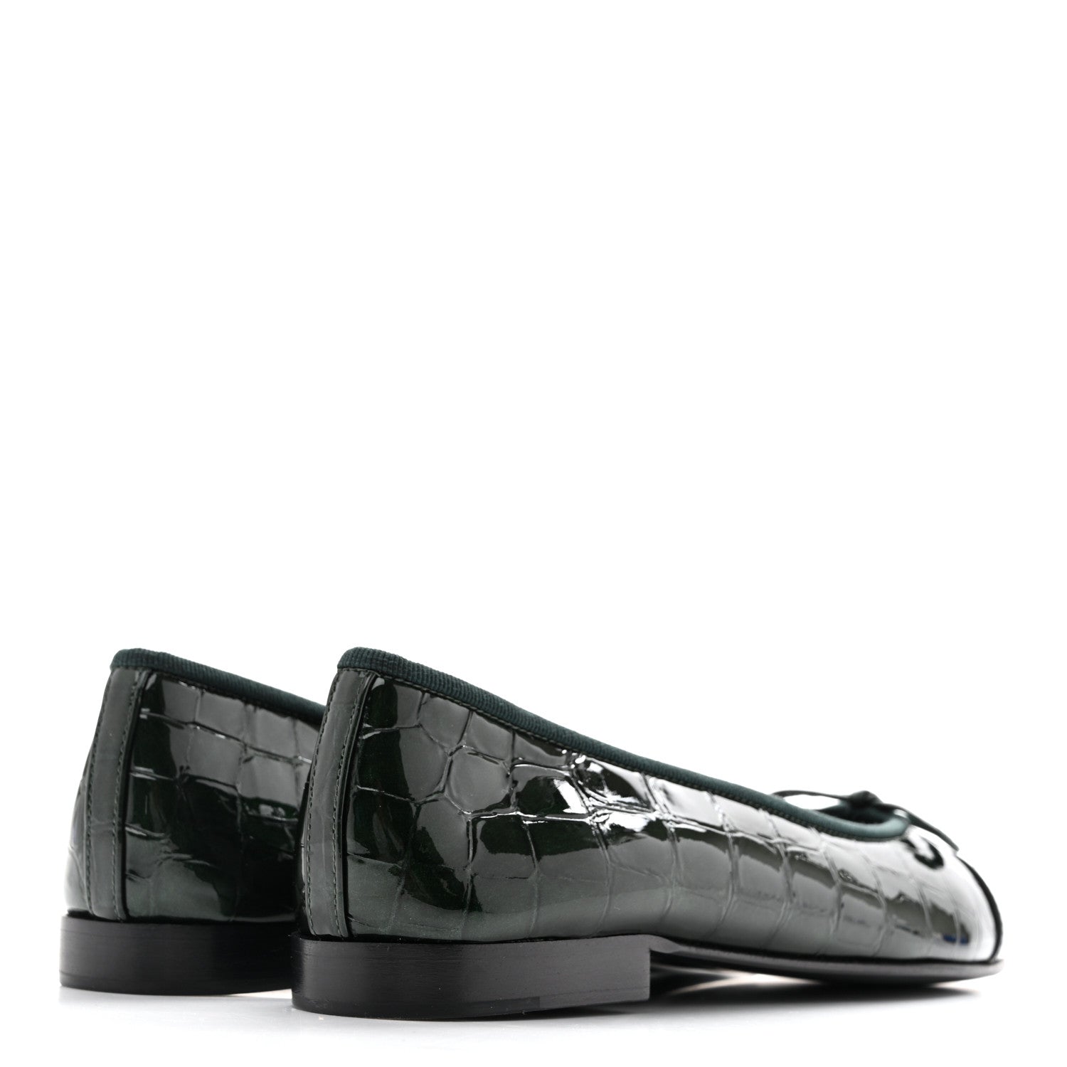 Chanel Crocodile Embossed Patent Calfskin Cap Toe CC Ballerina Flats 35.5 Dark Green Black 5 of 11