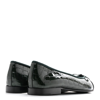 Chanel Crocodile Embossed Patent Calfskin Cap Toe CC Ballerina Flats 35.5 Dark Green Black 5 of 11