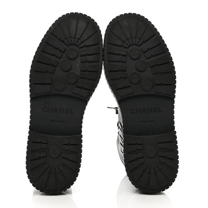 Chanel Calfskin Grosgrain Quilted Lace Up Boots 37.5 Black Grey 5 of 8