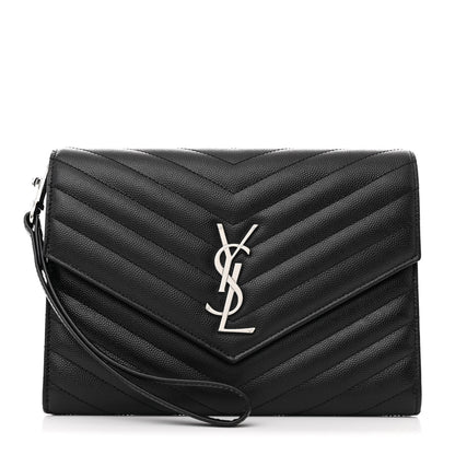 Saint Laurent Grain De Poudre Matelasse Chevron Monogram Envelope Clutch Black 1 of 10