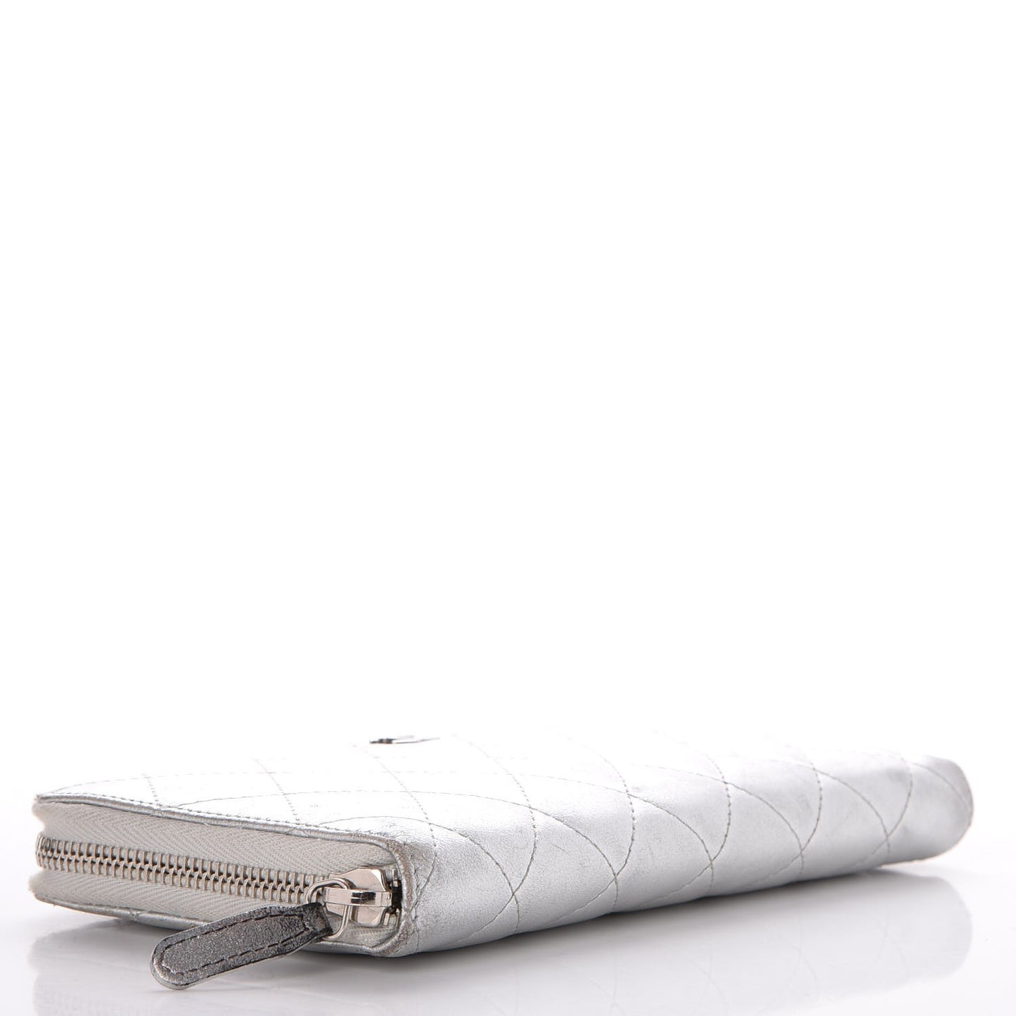 Metallic Lambskin Quilted Large Gusset Zip Around Wallet Silver