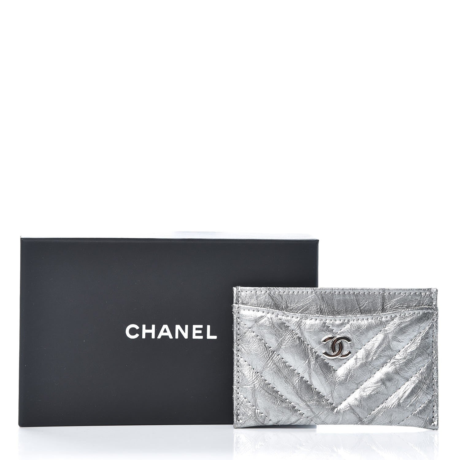 Chanel Patent Metallic Crumpled Calfskin Chevron Quilted Card Holder Silver 9 of 9