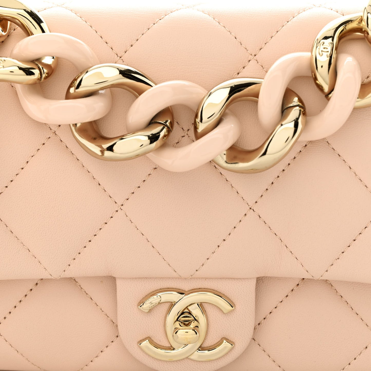 Lambskin Quilted Resin Bi-Color Chain Flap Bag Light Beige