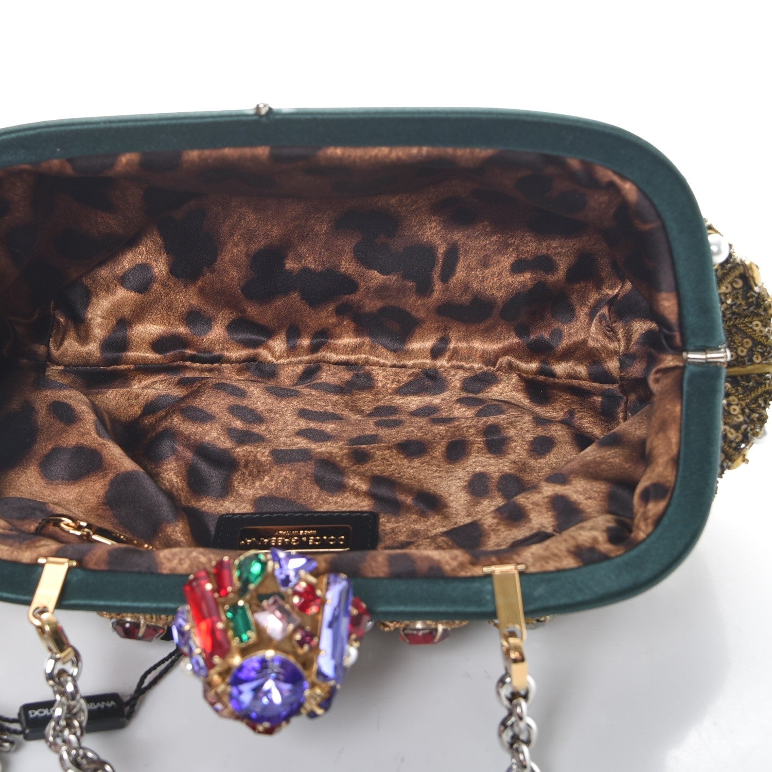 Dolce & Gabbana Satin Sequin Crystal Embellished Chain Clutch Green Multicolor 5 of 9