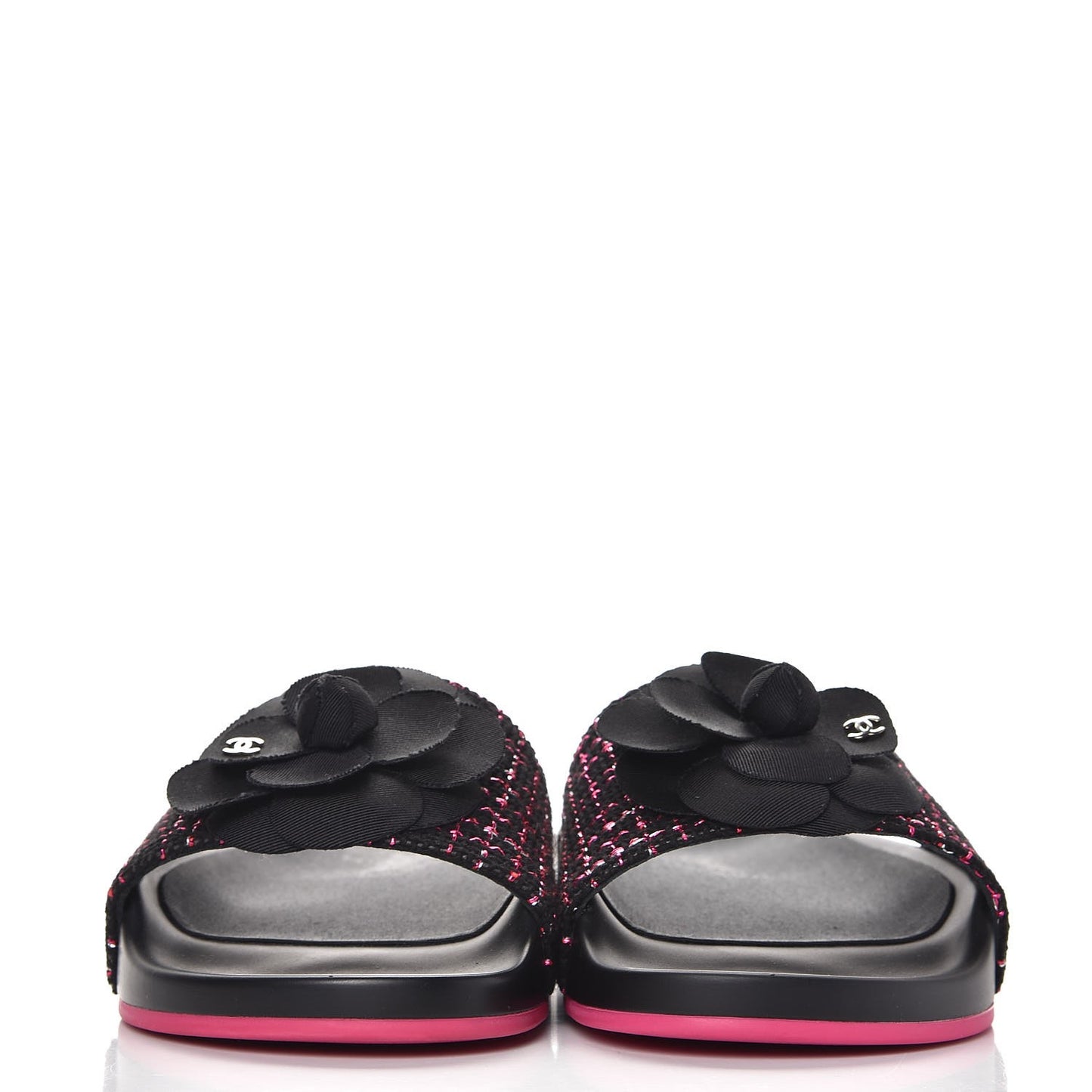 Tweed Grosgrain Camellia CC Flat Mules 36 Black Pink