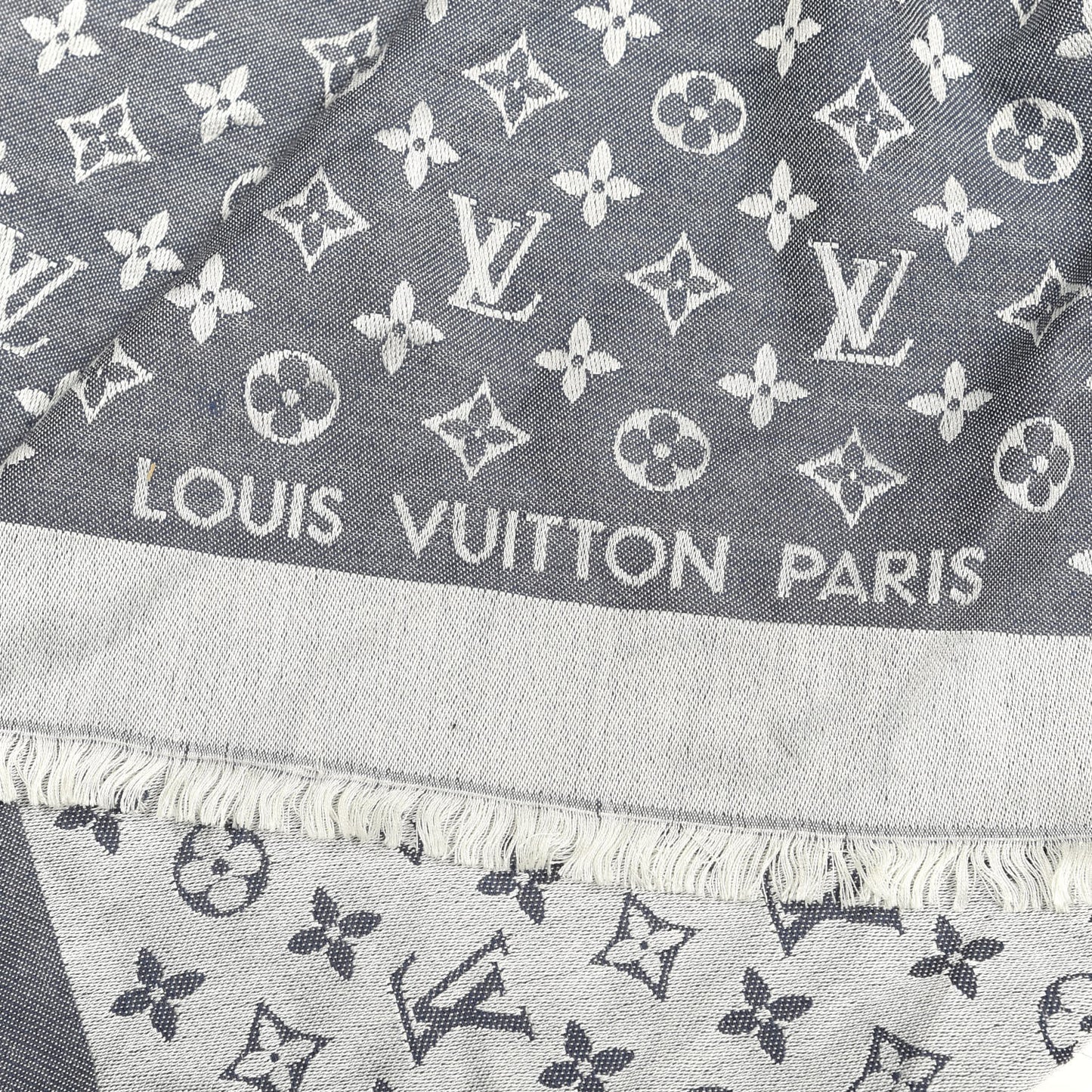 Wool Silk Monogram Denim Shawl Blue