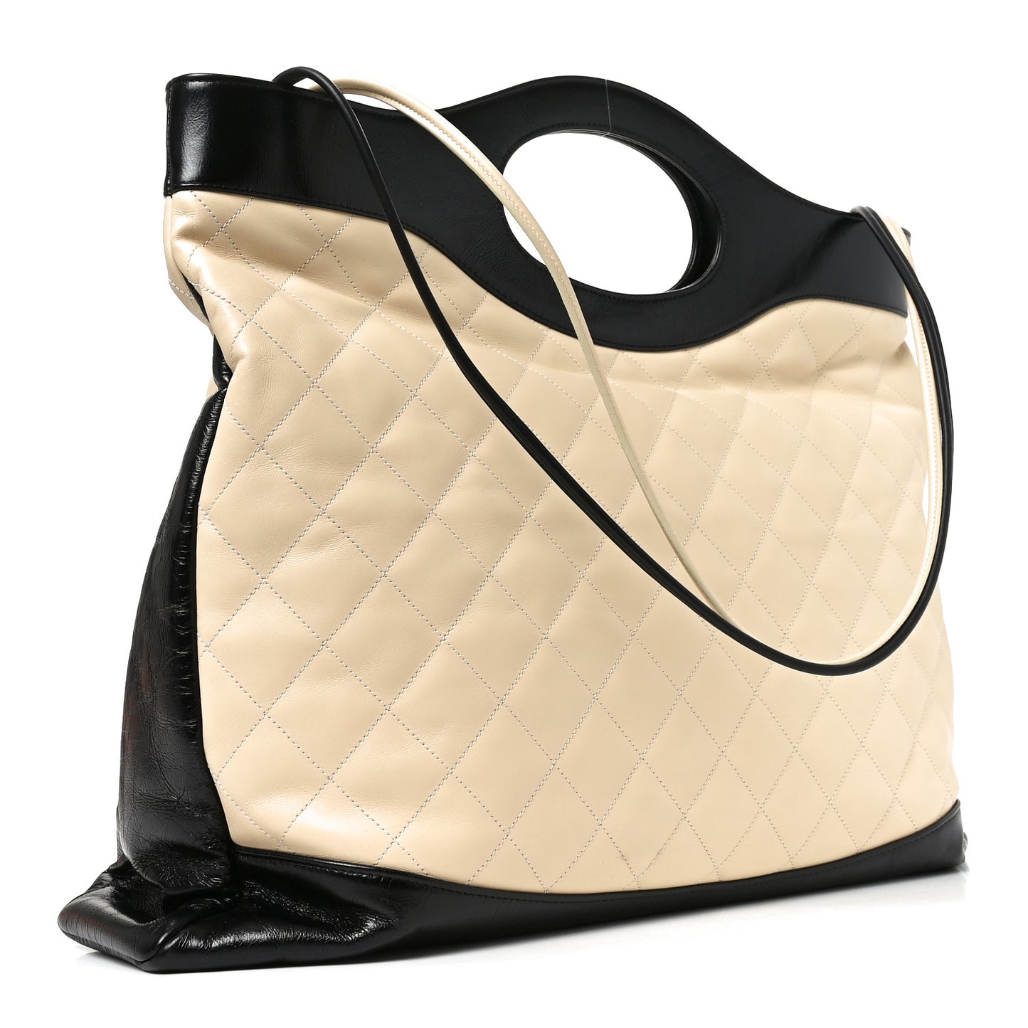 Aged Calfskin Quilted Large 31 Shopping Bag Beige Black
