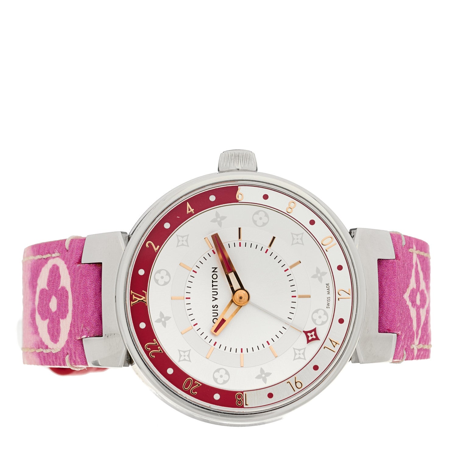 Louis Vuitton Stainless Steel Monogram 35mm Tambour GMT Quartz Watch Pink 2 of 4