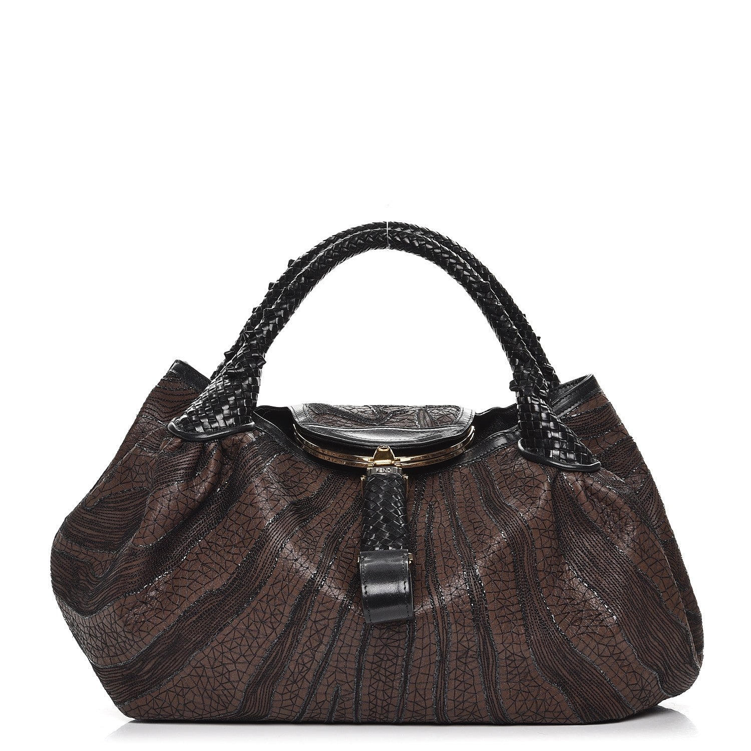 Fendi Calfskin Embroidered Spy Brown Black Gold 1 of 8