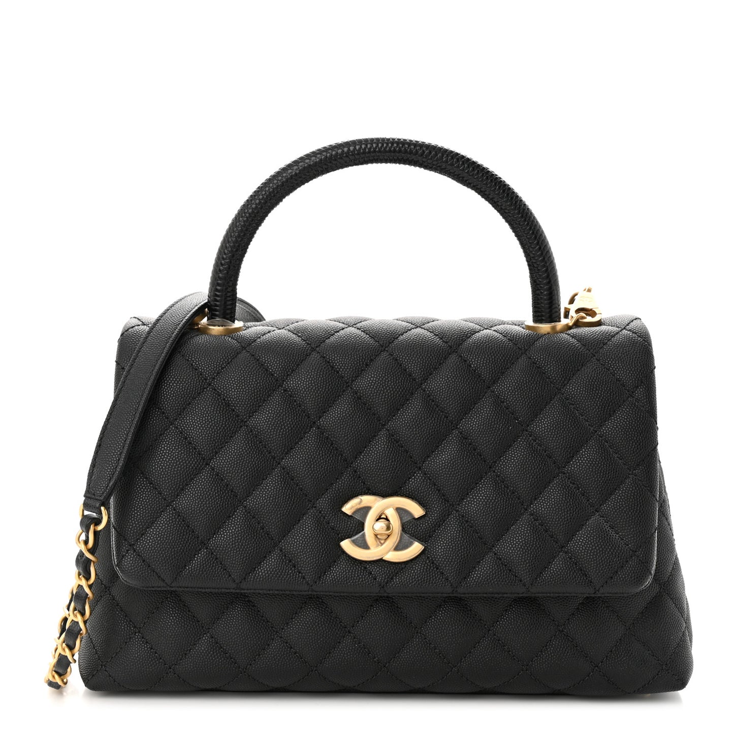 Caviar Lizard Embossed Quilted Small Coco Handle Flap Black