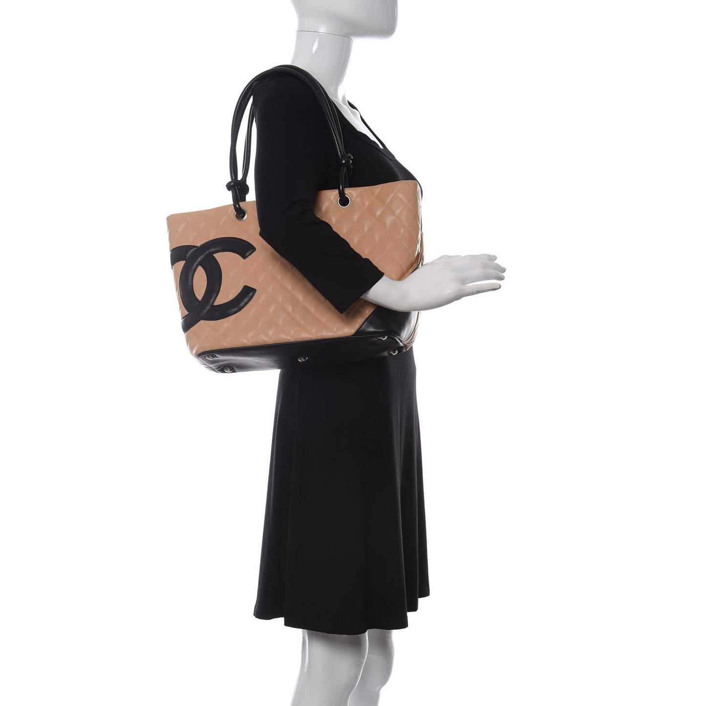 Calfskin Quilted Large Cambon Tote Beige Black
