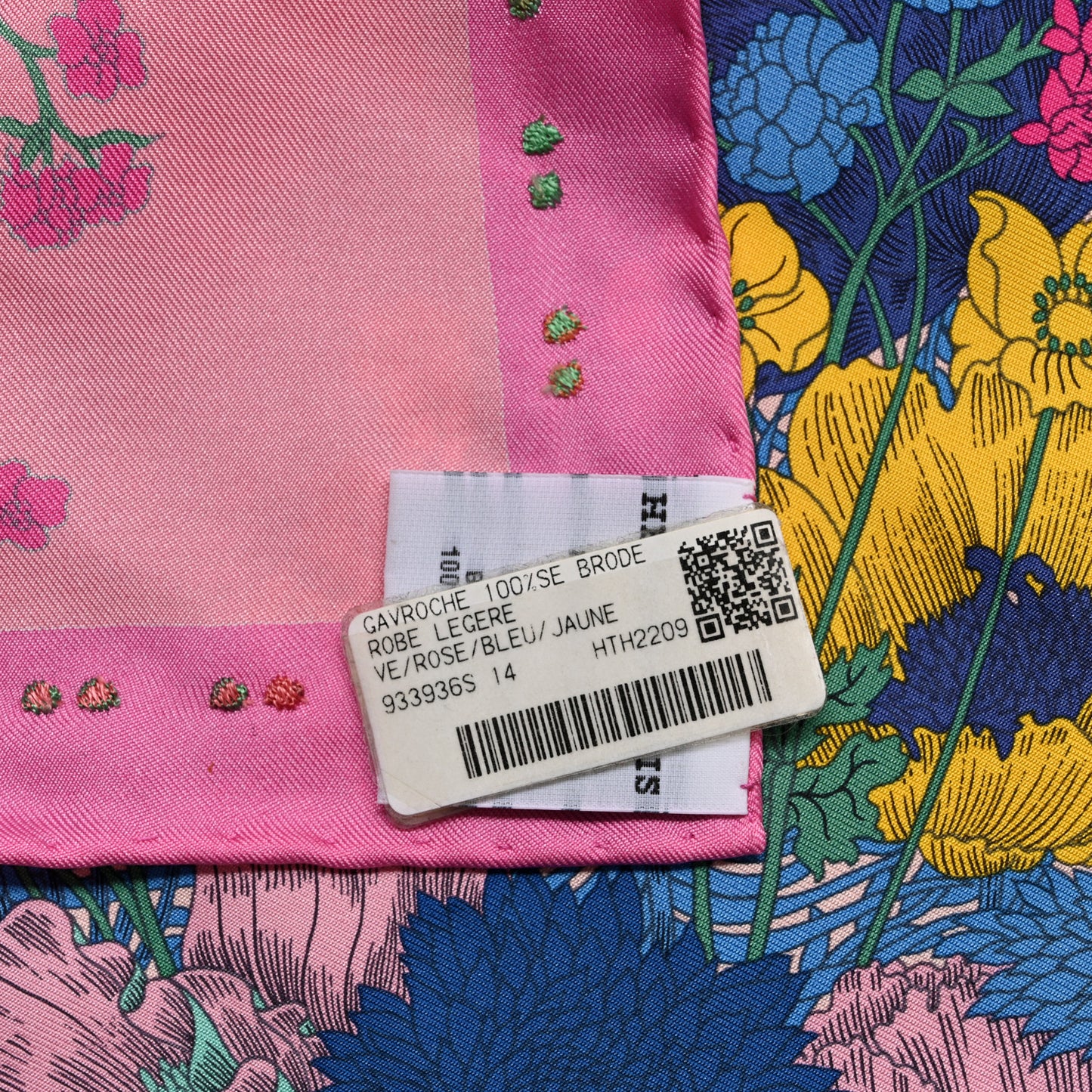 Silk Embroidered Robe Legere Scarf 45 Rose Bleu Jaune