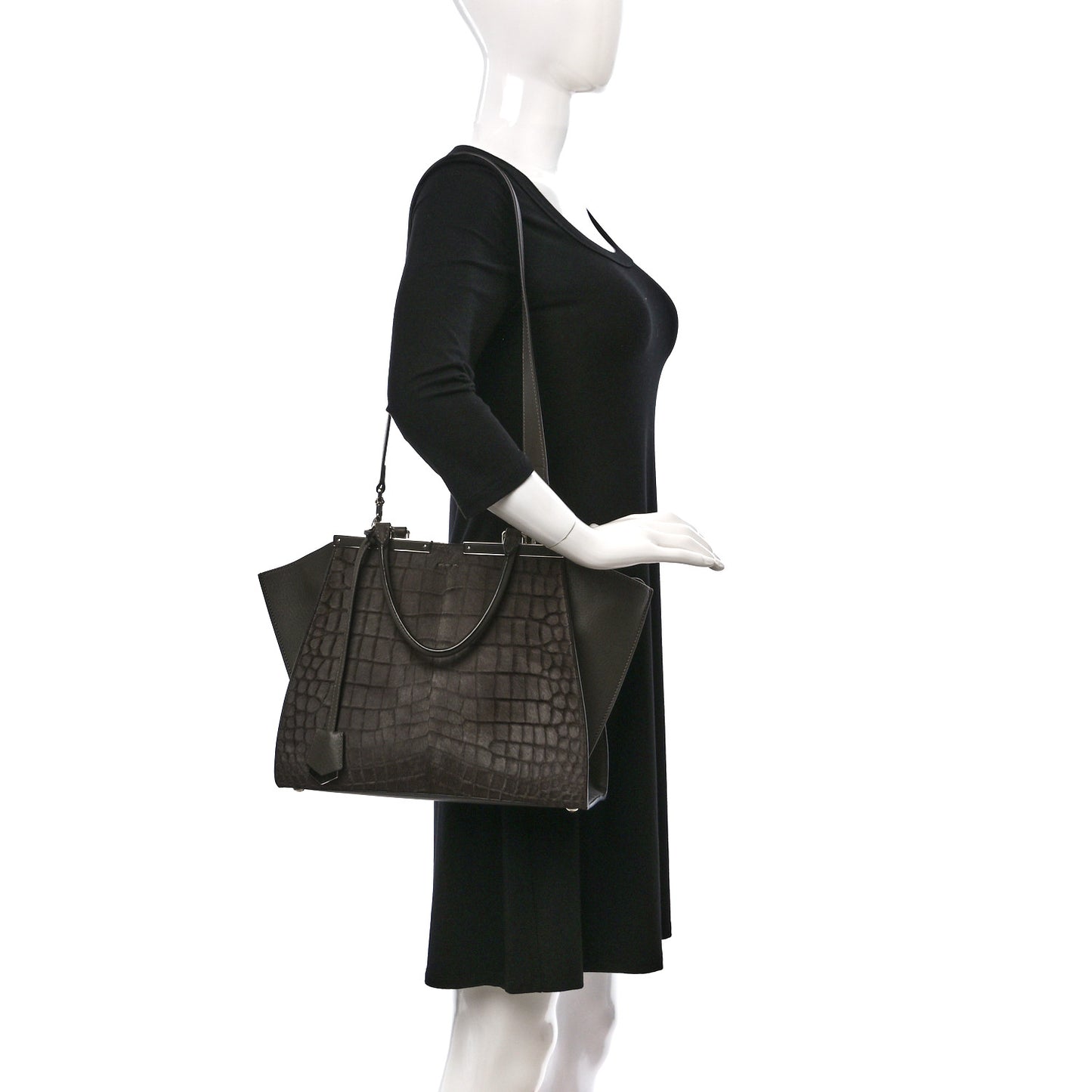 Vitello Pelo Flamingo Crocodile Embossed Petite 3Jours Tote Carbone