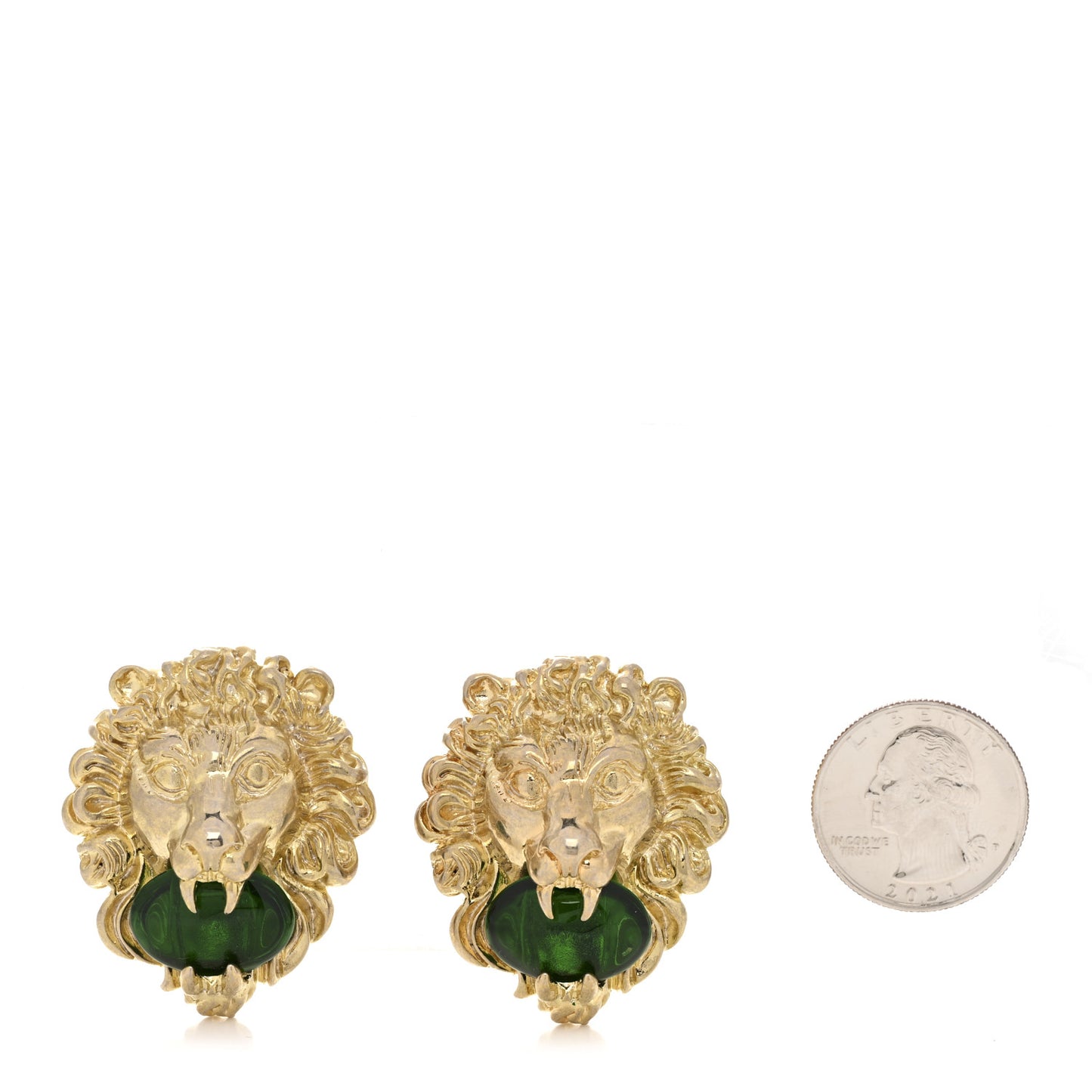Crystal Lion Head Clip On Earrings Aged Gold Green