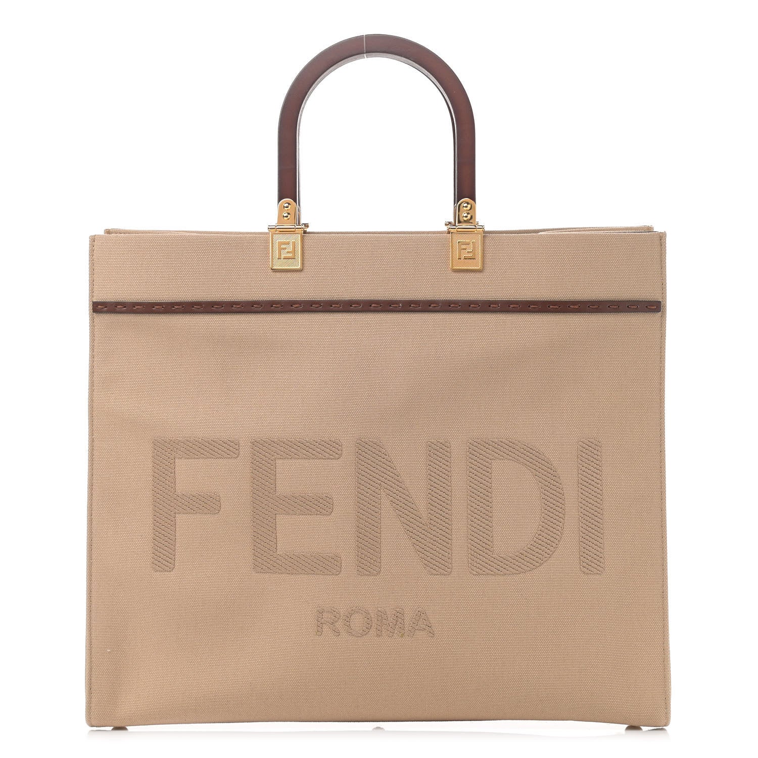 Fendi Canvas Vitello King Logo Embroidered Medium Fendi Sunshine Shopper Tote Sand Ghianda 1 of 11