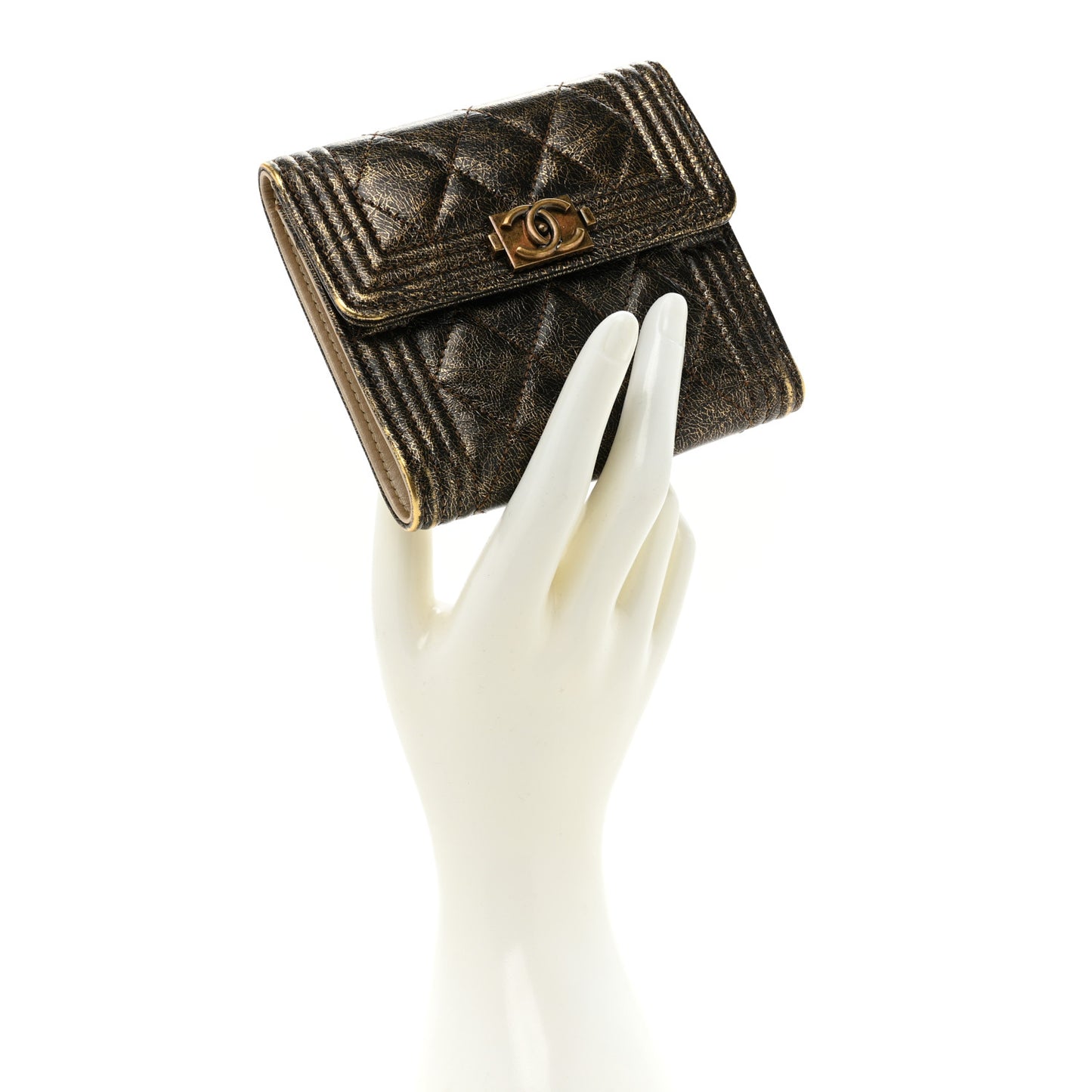 Cracked Metallic Calfskin Quilted Compact Boy Wallet Gold