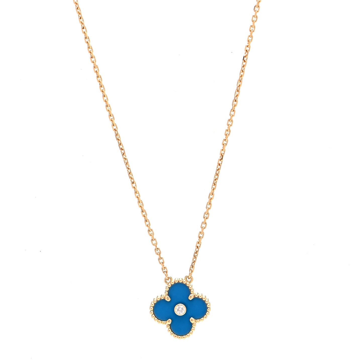 18K Yellow Gold Diamond Celestial Blue Sevres Porcelain Vintage Alhambra Pendant Necklace