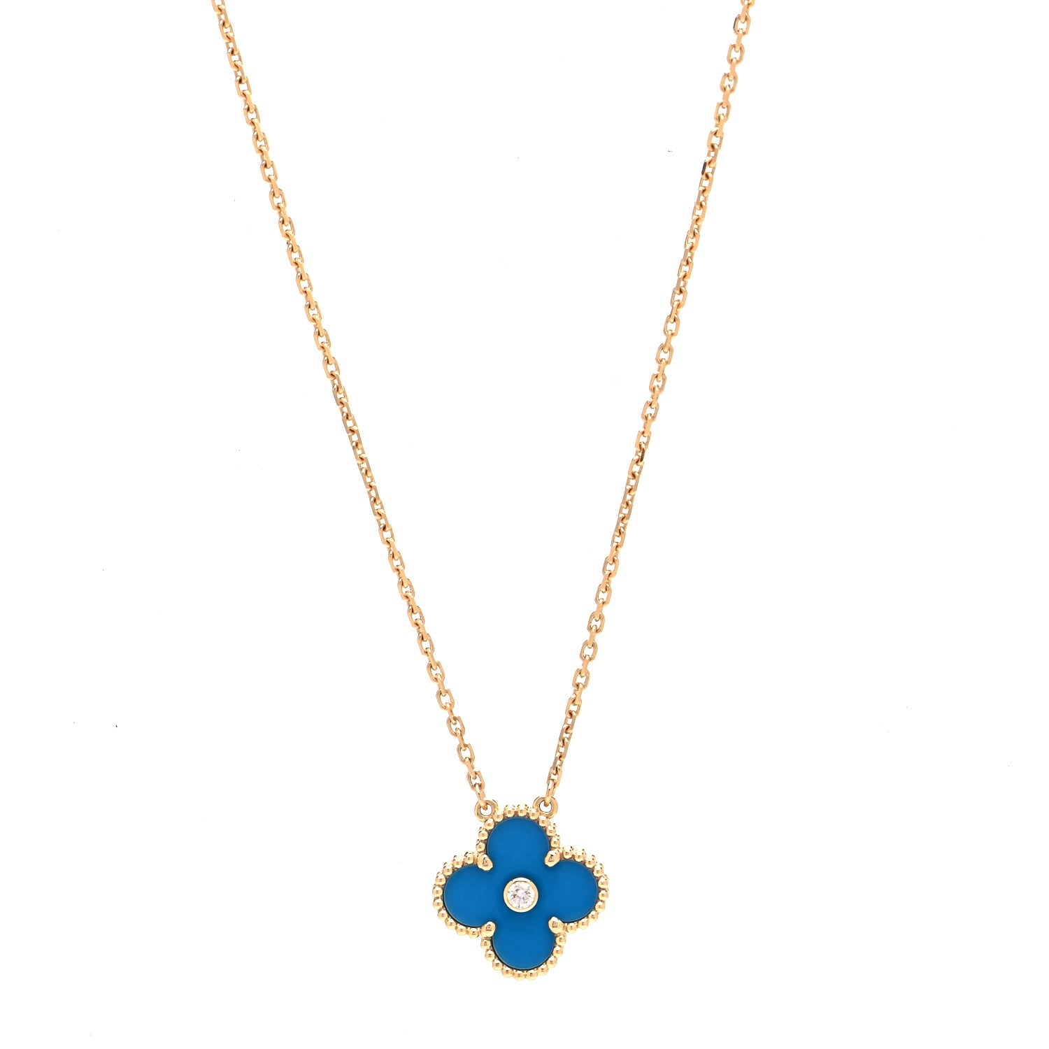 Van Cleef & Arpels 18K Yellow Gold Diamond Celestial Blue Sevres Porcelain Vintage Alhambra Pendant Necklace 1 of 6