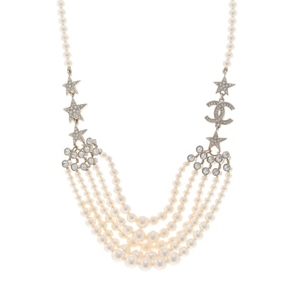 Chanel Pearl Crystal Star CC Multi Strand Necklace Pearly White Silver 1 of 6