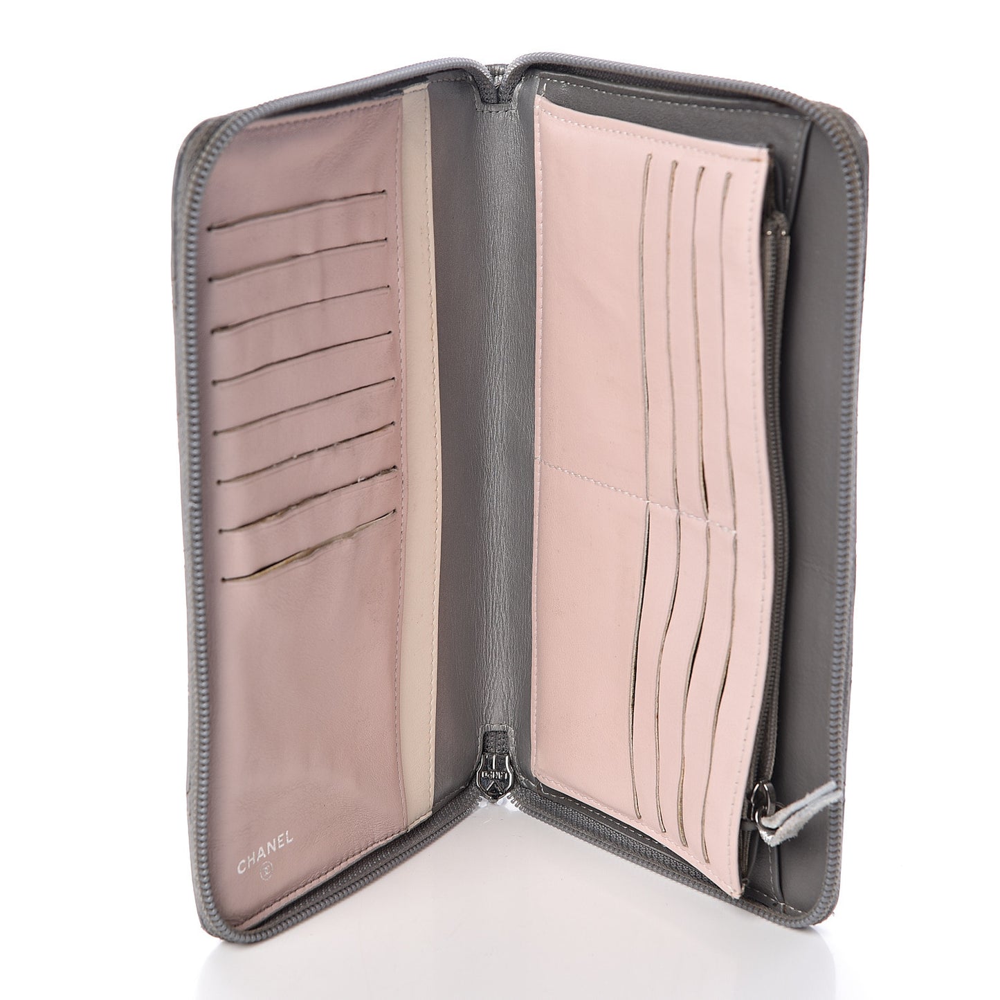 Metallic Aged Calfskin Quilted Palette Large Zip Around Organizer Wallet Silver