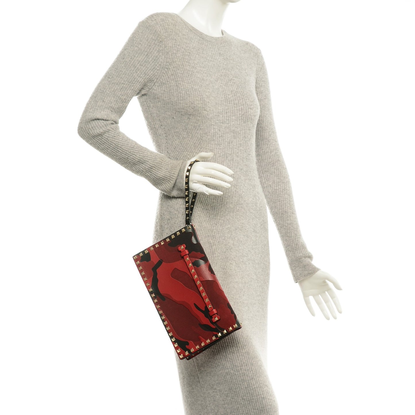 Nappa Canvas Camouflage Rockstud Wristlet Clutch Red Black