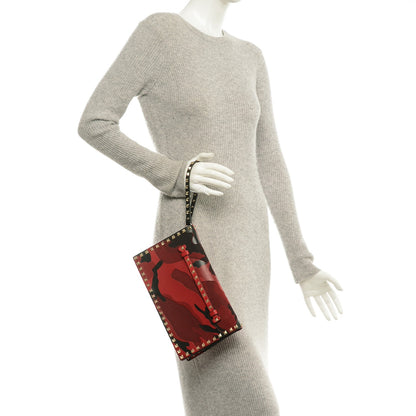 Valentino Garavani Nappa Canvas Camouflage Rockstud Wristlet Clutch Red Black 2 of 6