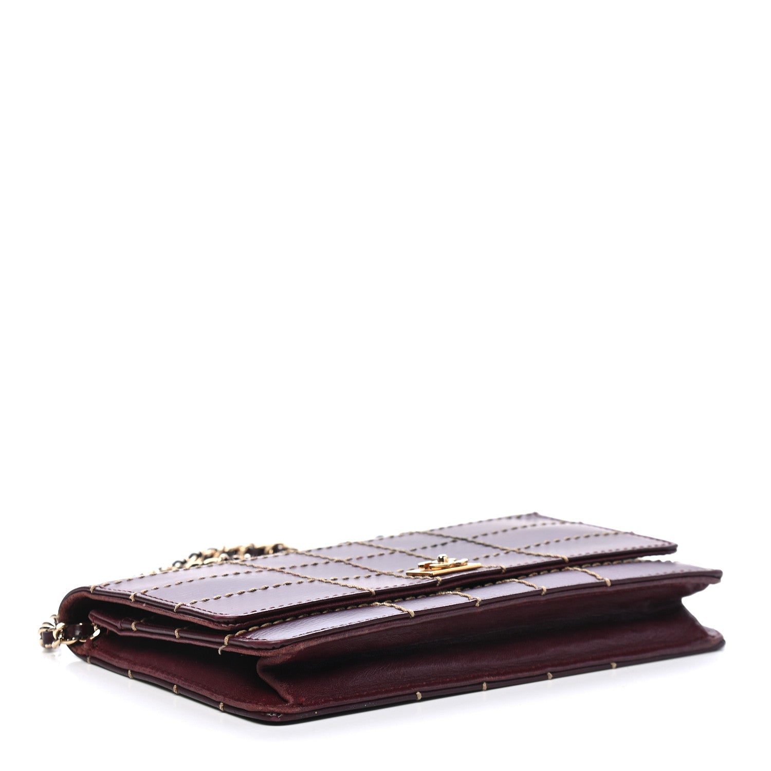 Chanel Calfskin Stitched Square Quilted Wallet On Chain WOC Burgundy 4 of 13