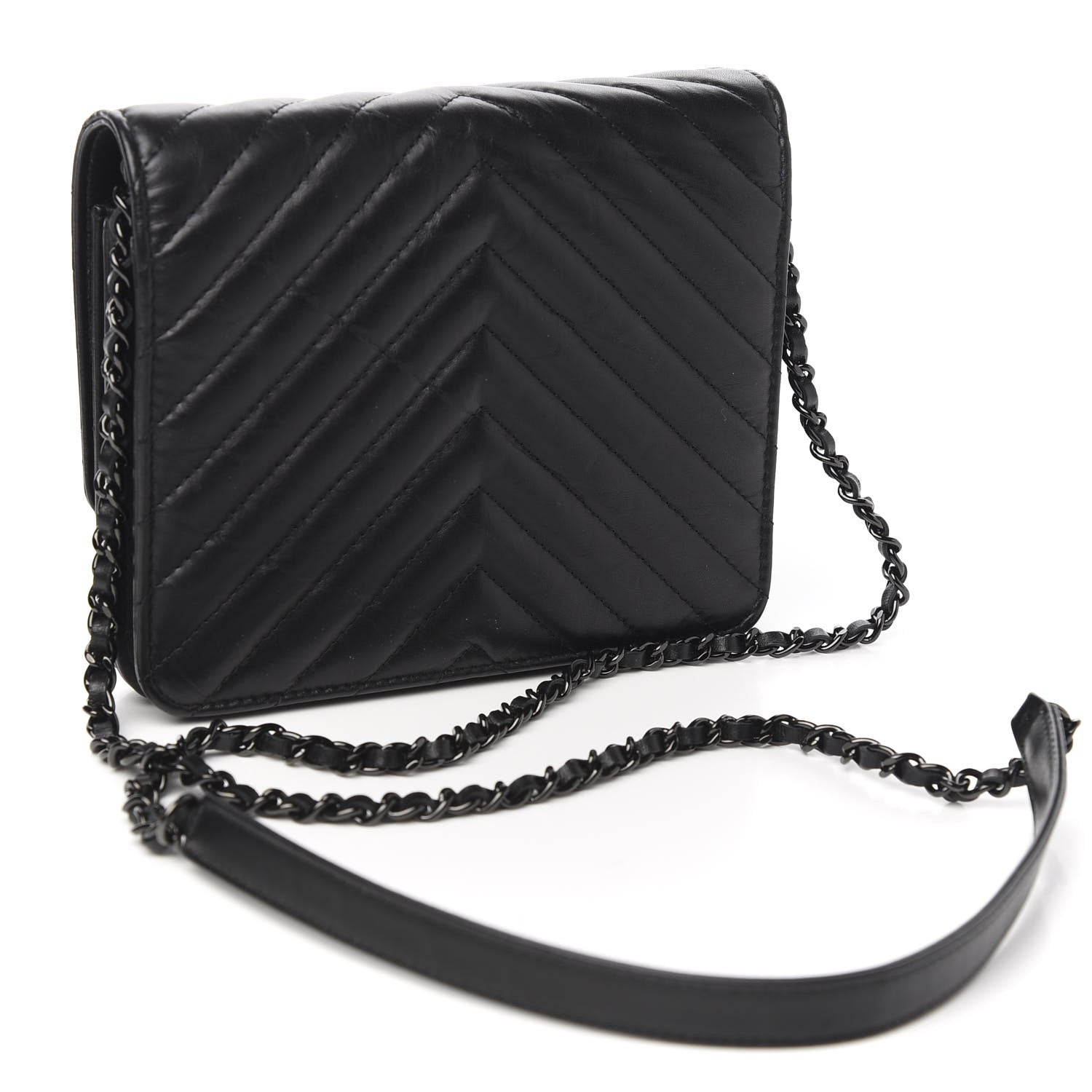 Chanel Aged Calfskin Chevron Quilted Reissue 2.55 Square Wallet On Chain WOC So Black 2 of 11