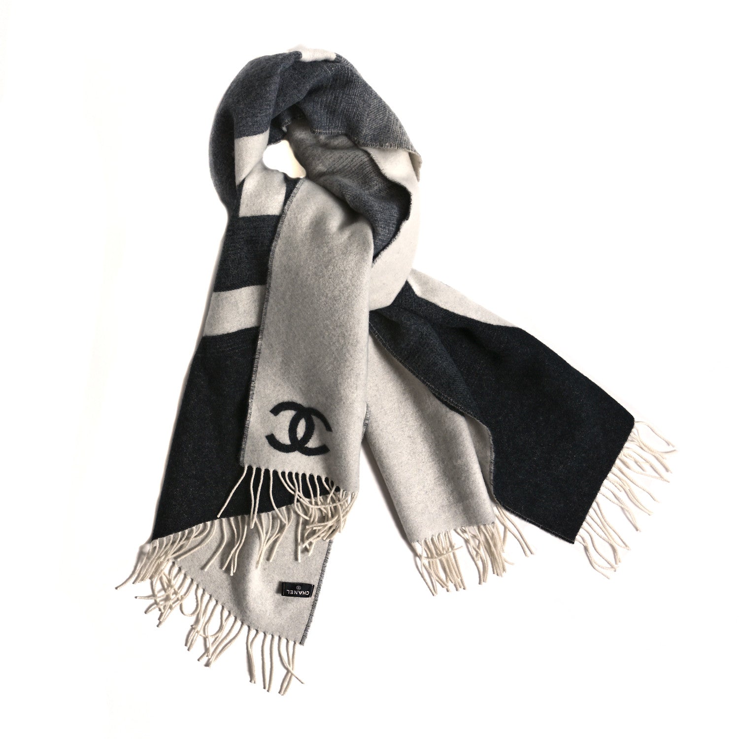 Chanel Cashmere Silk CC Logo Fringe Scarf Ecru Black 1 of 3