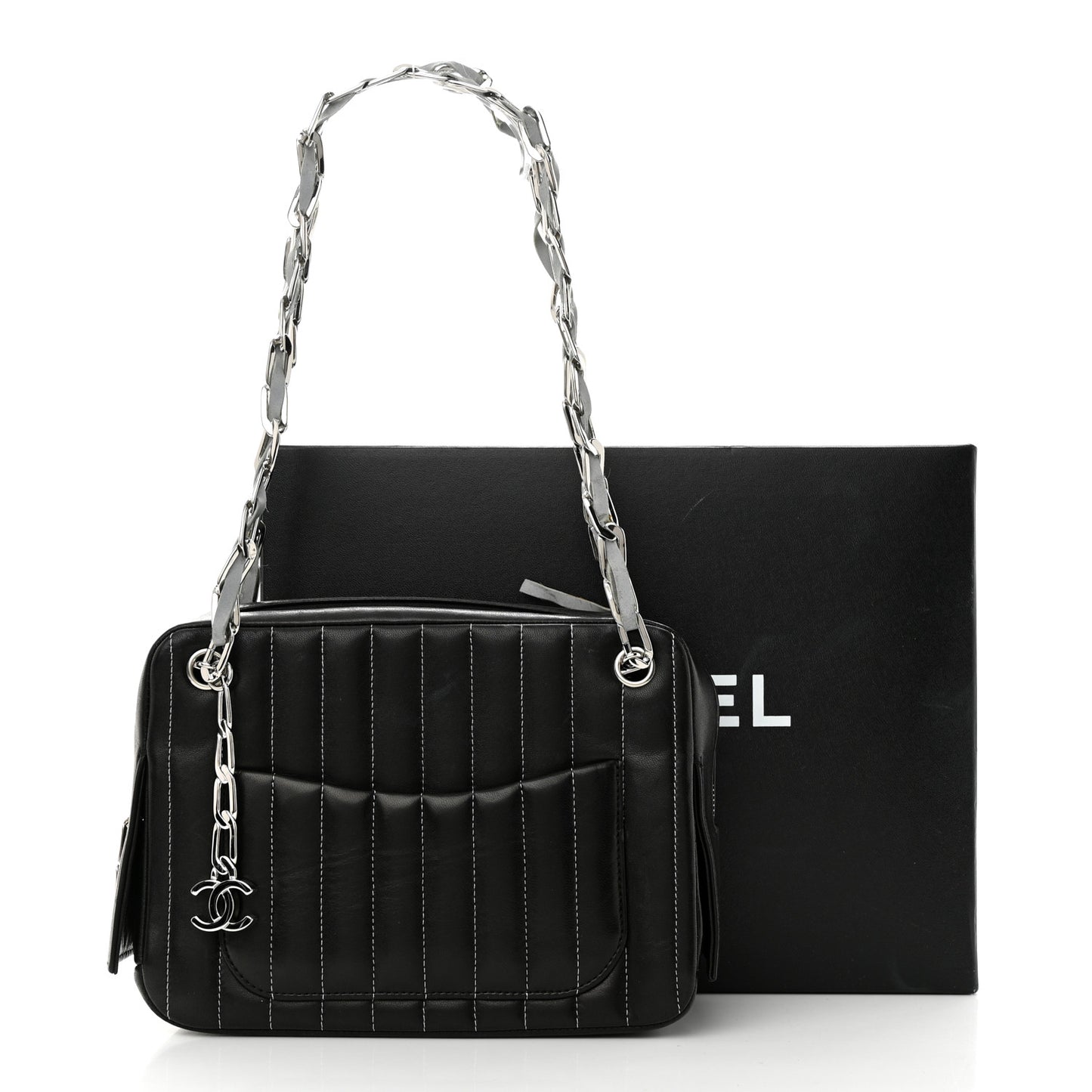Lambskin Vertical Quilted Mademoiselle Small Camera Case Black