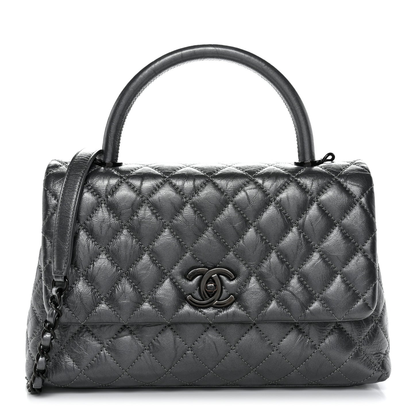 Metallic Aged Calfskin Quilted Small Coco Handle Flap Charcoal