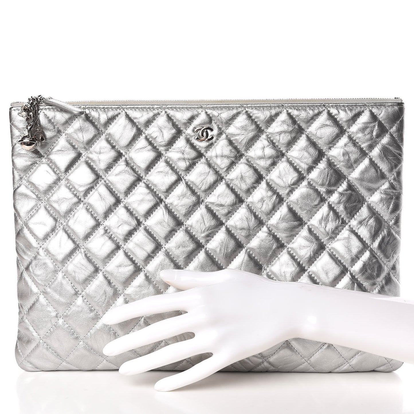 Metallic Calfskin Quilted Large Cosmo Cosmetic Case Silver
