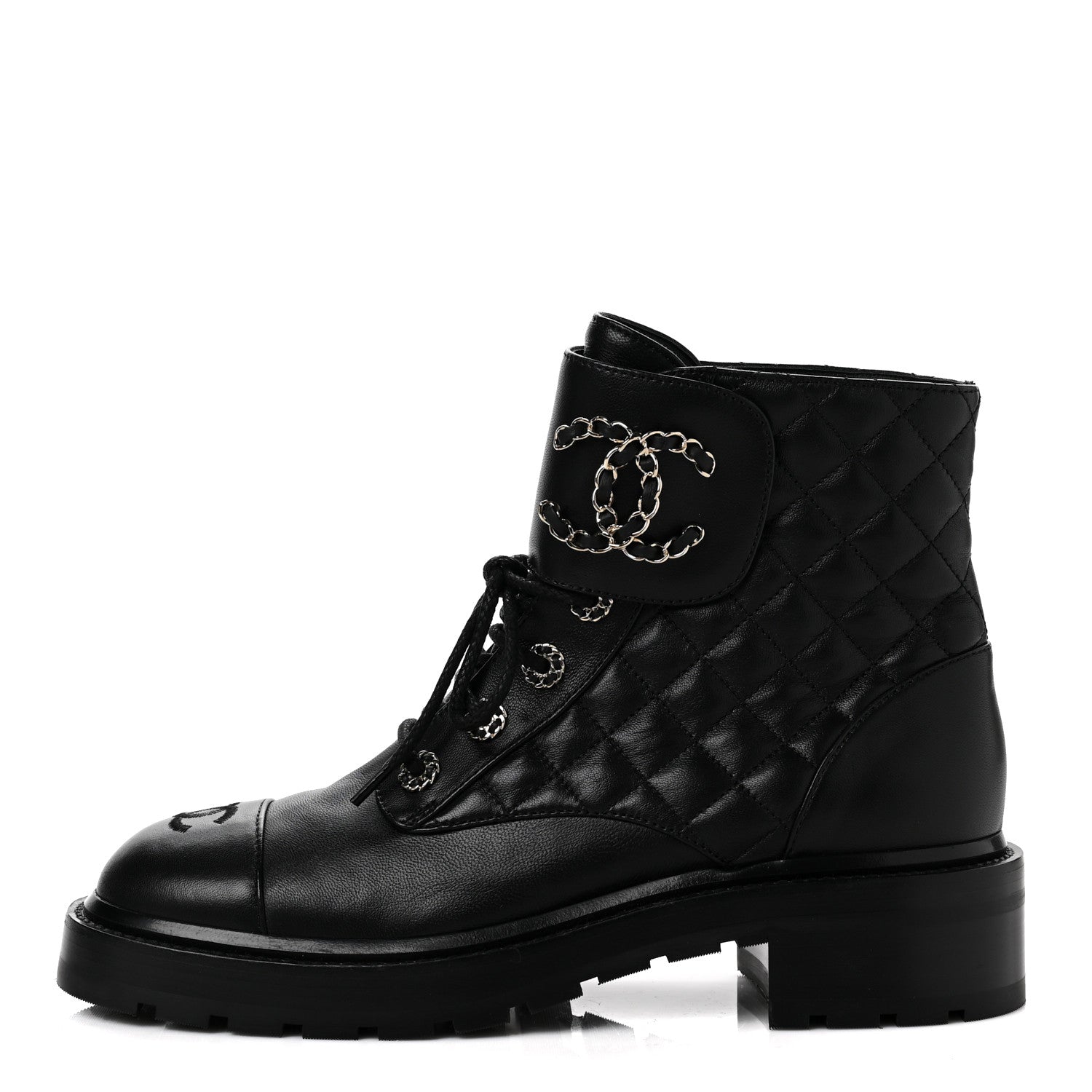 Chanel Shiny Lambskin Quilted Lace Up Combat Boots 39.5 Black 1 of 6