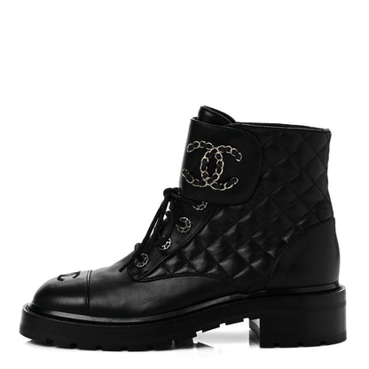 Chanel Shiny Lambskin Quilted Lace Up Combat Boots 39.5 Black 1 of 6