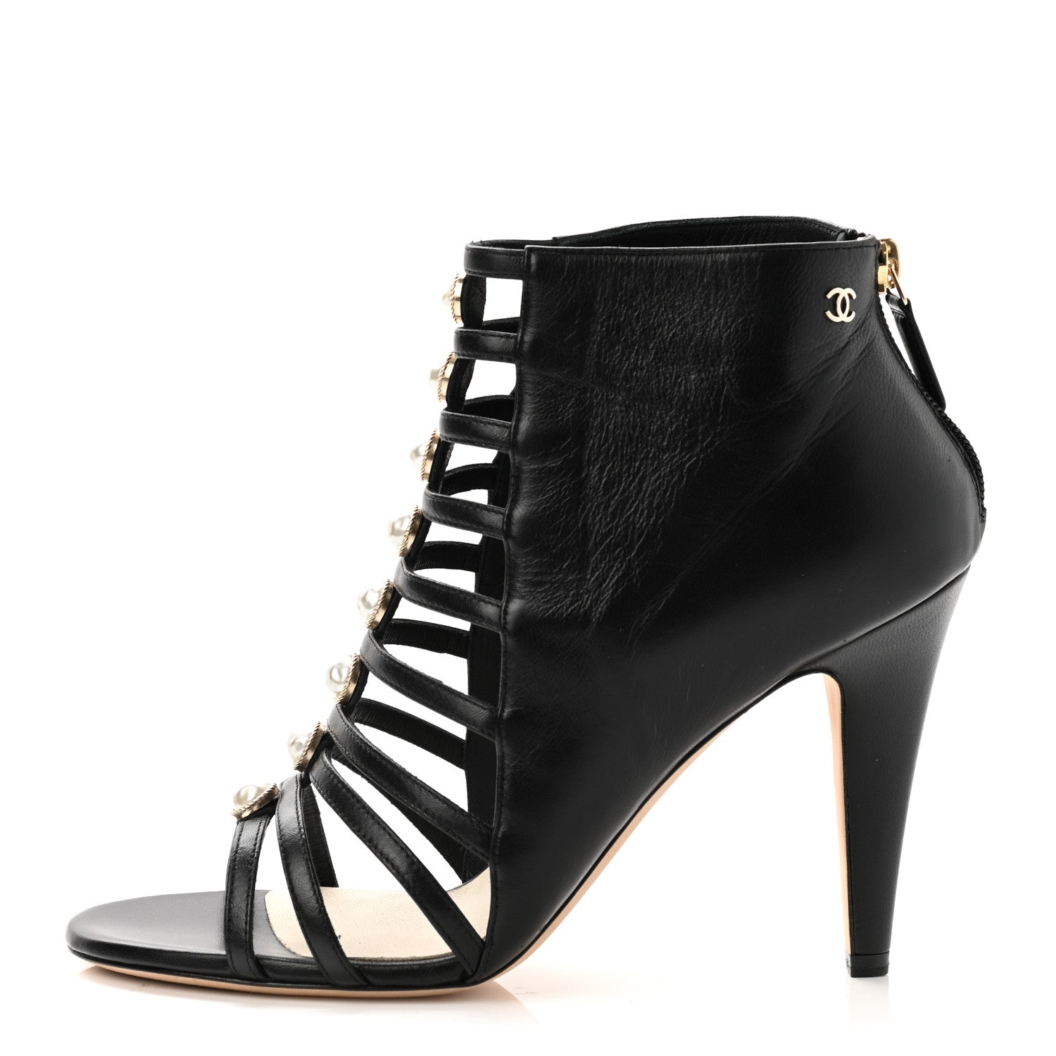 Chanel Lambskin Pearl Open Toe Caged Ankle Boots 39 Black 1 of 10